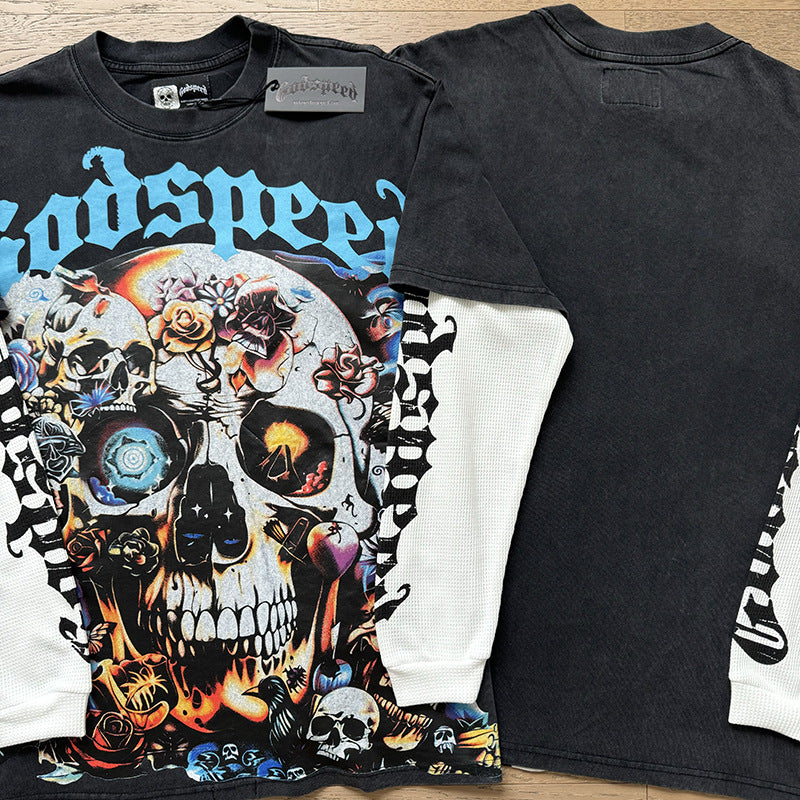 Spring New Rock Street Fashion Vintage Washed Distressed Graphic Print Oversized Tee