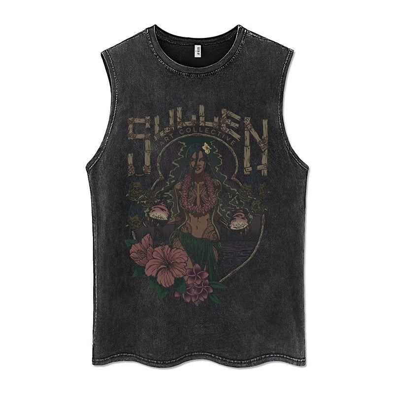 Euro-American Dark Hip Hop Vintage Wash Cotton Sleeveless Loose Sports Vest For Men