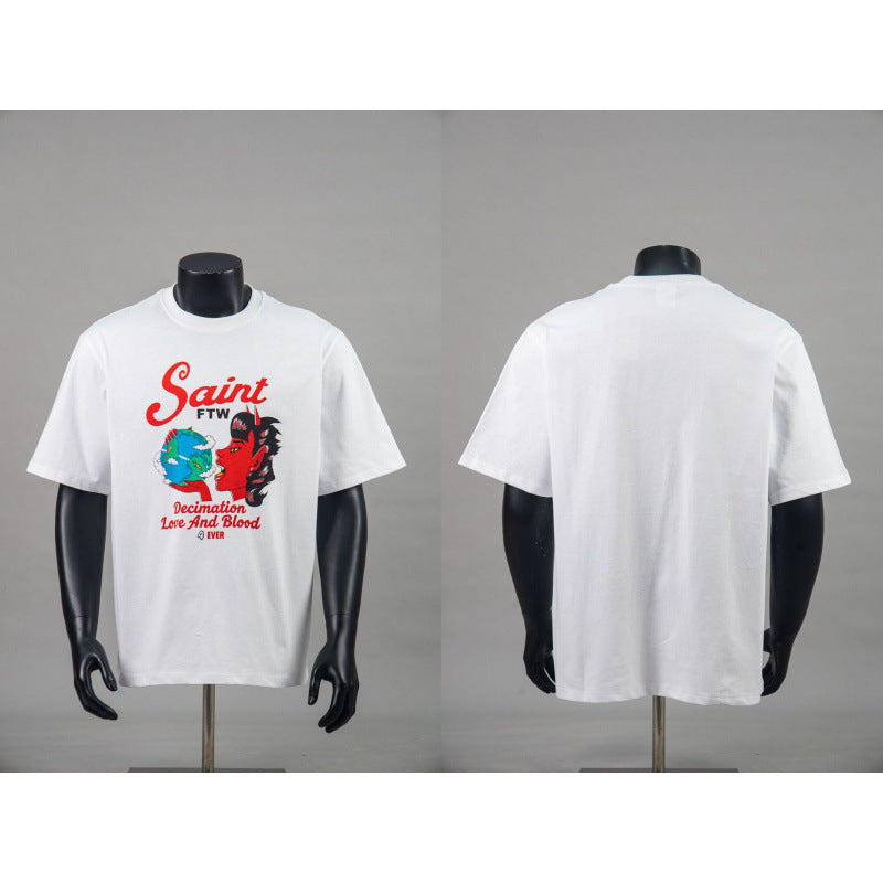 New European American Hip-Hop Trendy Brand Retro Washed Band Matching Vintage Washed Short Sleeve T-Shirt Streetwear Top