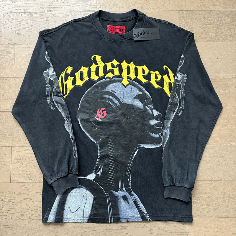 Spring New Rock Street Fashion Vintage Washed Distressed Graphic Print Oversized Tee