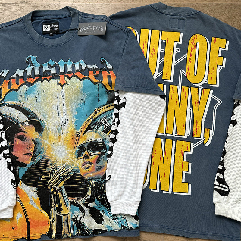 Spring New Rock Street Fashion Vintage Washed Distressed Graphic Print Oversized Tee