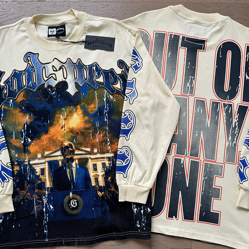 Spring New Rock Street Fashion Vintage Washed Distressed Graphic Print Oversized Tee