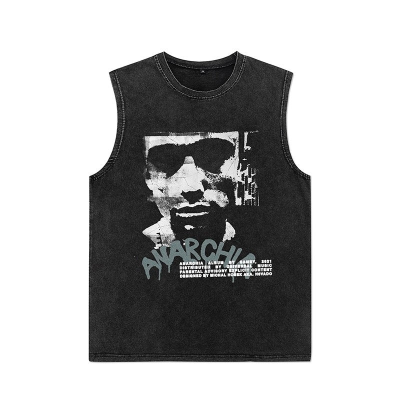 Euro-American Dark Hip Hop Vintage Wash Cotton Sleeveless Loose Sports Vest For Men