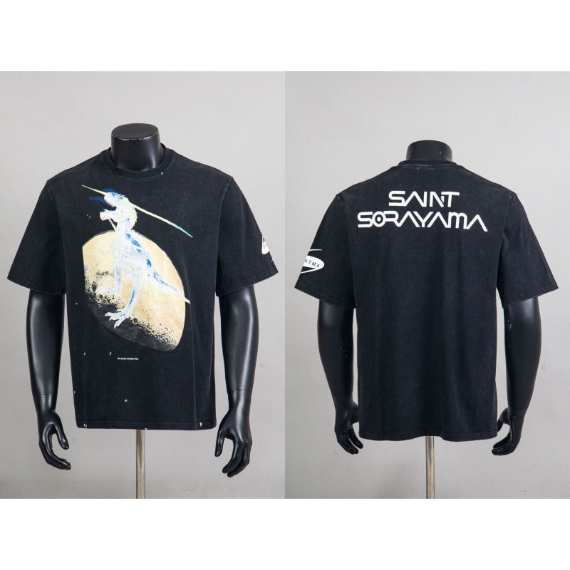 New European American Hip-Hop Trendy Brand Retro Washed Band Matching Vintage Washed Short Sleeve T-Shirt Streetwear Top