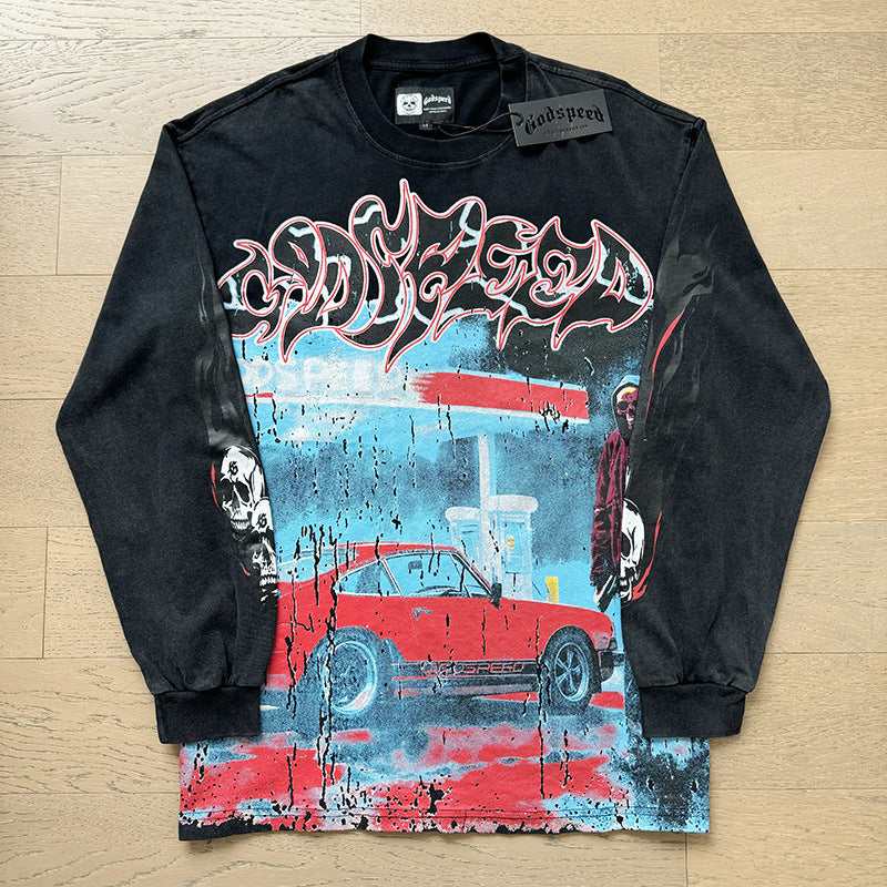 Spring New Rock Street Fashion Vintage Washed Distressed Graphic Print Oversized Tee
