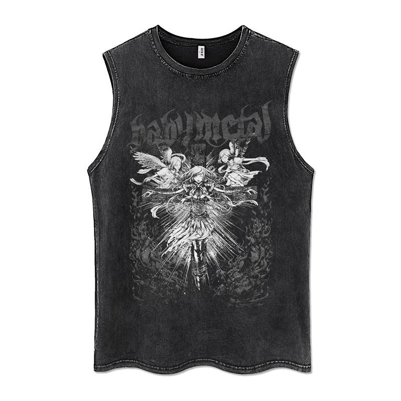 Euro-American Dark Hip Hop Vintage Wash Cotton Sleeveless Loose Sports Vest For Men