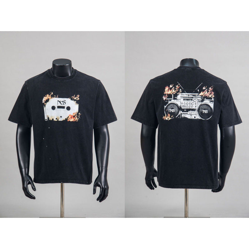 New European American Hip-Hop Trendy Brand Retro Washed Band Matching Vintage Washed Short Sleeve T-Shirt Streetwear Top
