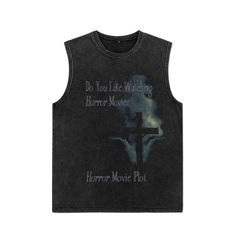 Euro-American Dark Hip Hop Vintage Wash Cotton Sleeveless Loose Sports Vest For Men