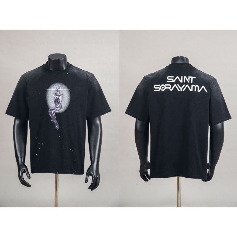 New European American Hip-Hop Trendy Brand Retro Washed Band Matching Vintage Washed Short Sleeve T-Shirt Streetwear Top