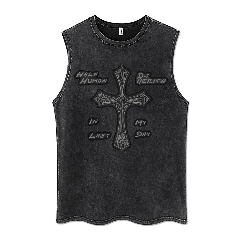 Euro-American Dark Hip Hop Vintage Wash Cotton Sleeveless Loose Sports Vest For Men