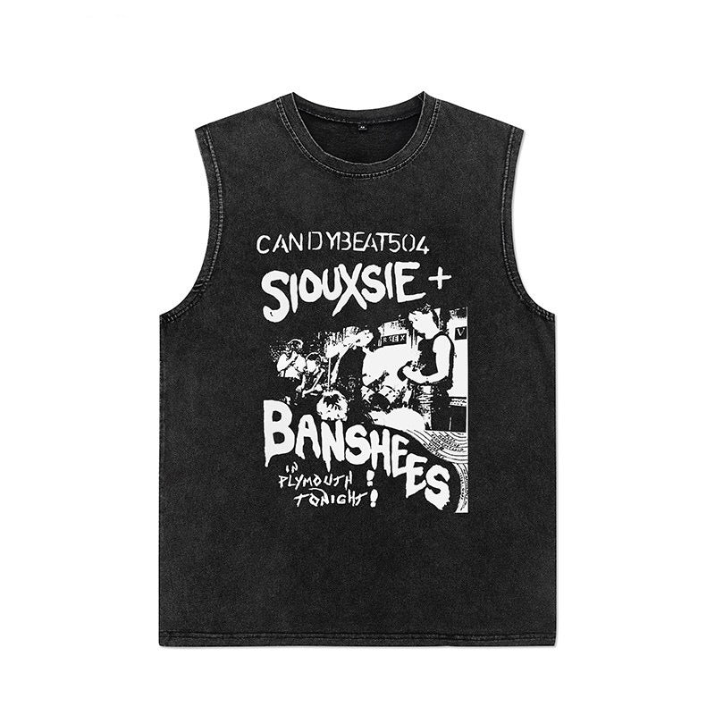Euro-American Dark Hip Hop Vintage Wash Cotton Sleeveless Loose Sports Vest For Men