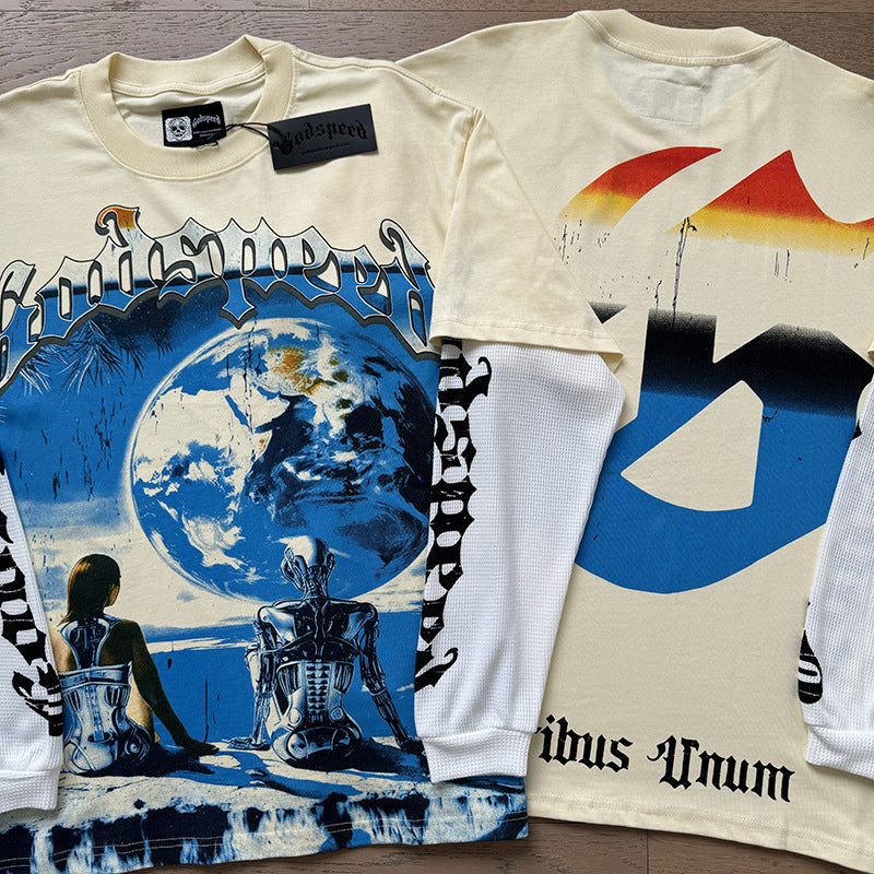 Spring New Rock Street Fashion Vintage Washed Distressed Graphic Print Oversized Tee