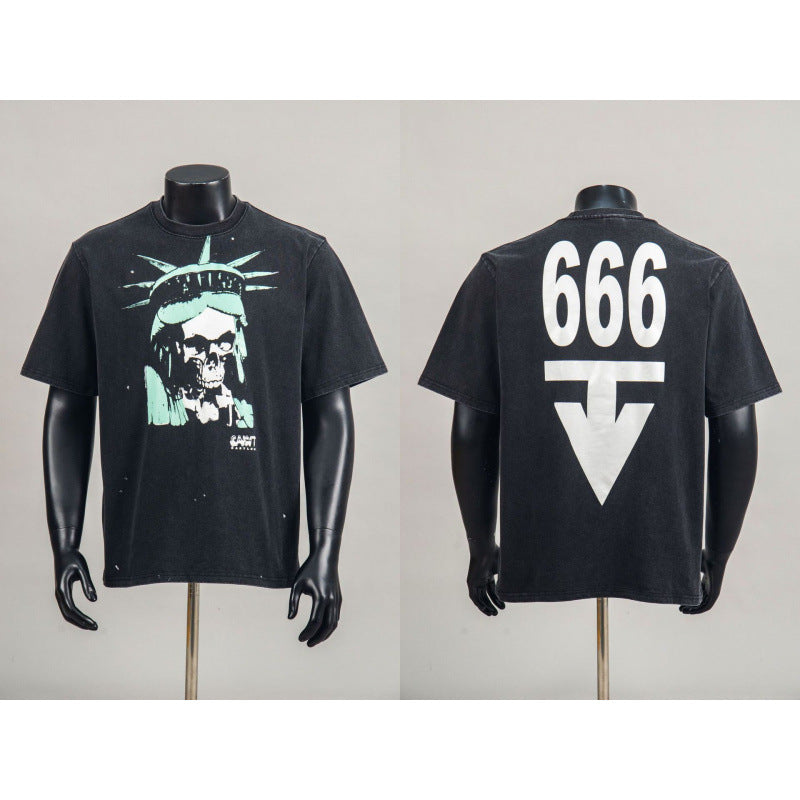 New European American Hip-Hop Trendy Brand Retro Washed Band Matching Vintage Washed Short Sleeve T-Shirt Streetwear Top
