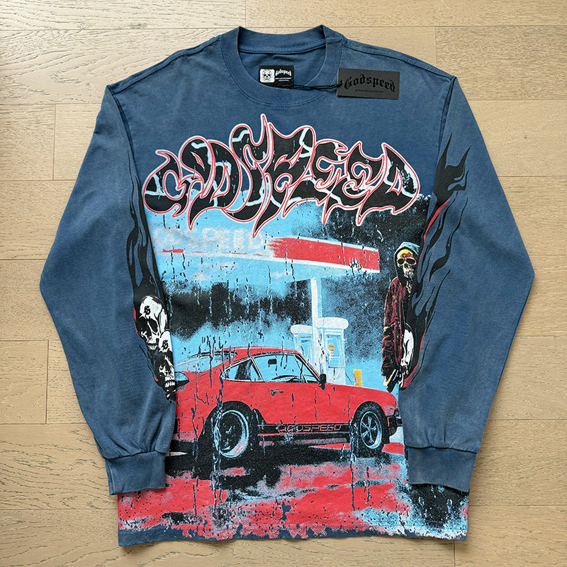 Spring New Rock Street Fashion Vintage Washed Distressed Graphic Print Oversized Tee