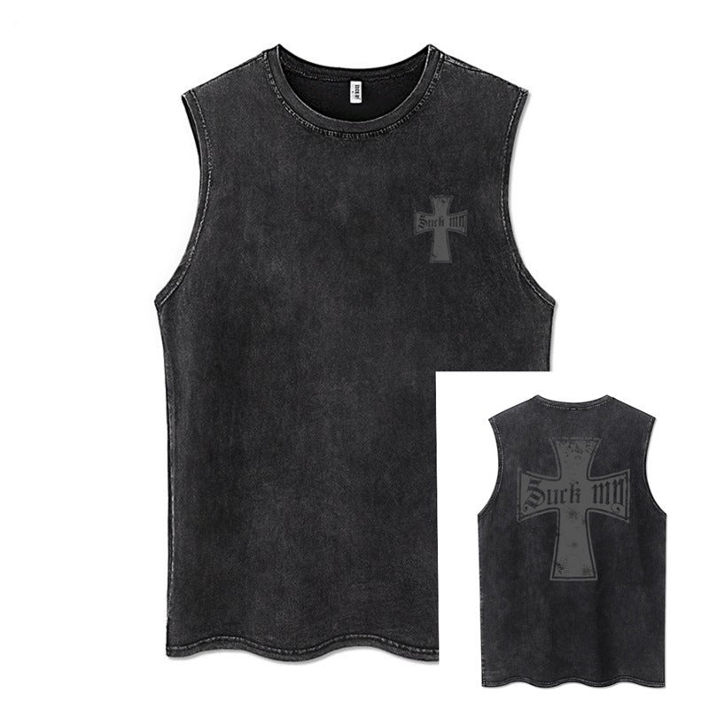 Euro-American Dark Hip Hop Vintage Wash Cotton Sleeveless Loose Sports Vest For Men