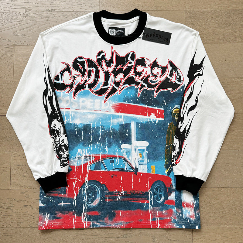 Spring New Rock Street Fashion Vintage Washed Distressed Graphic Print Oversized Tee