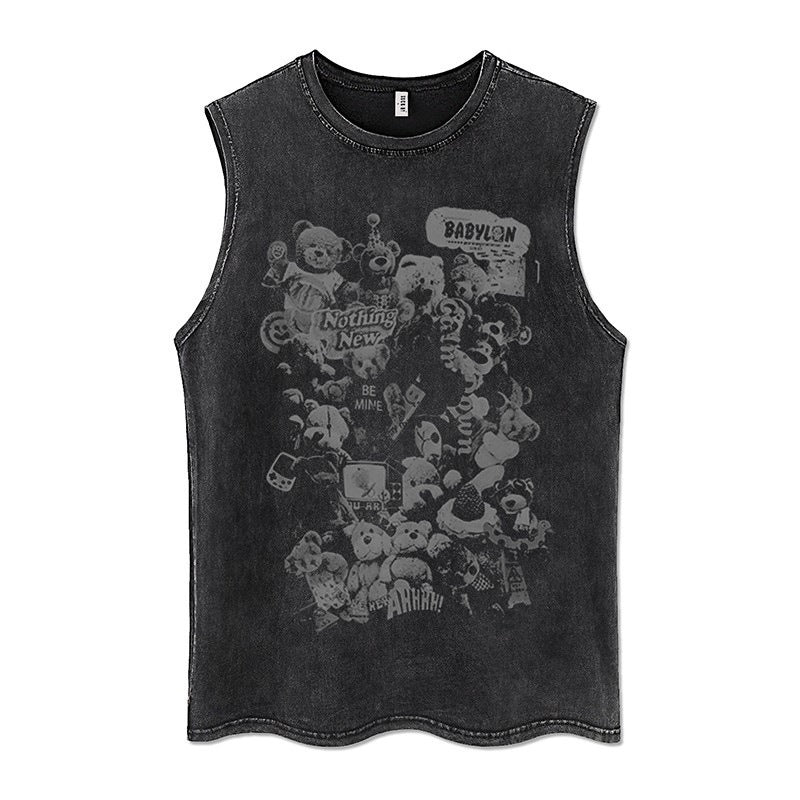 Euro-American Dark Hip Hop Vintage Wash Cotton Sleeveless Loose Sports Vest For Men