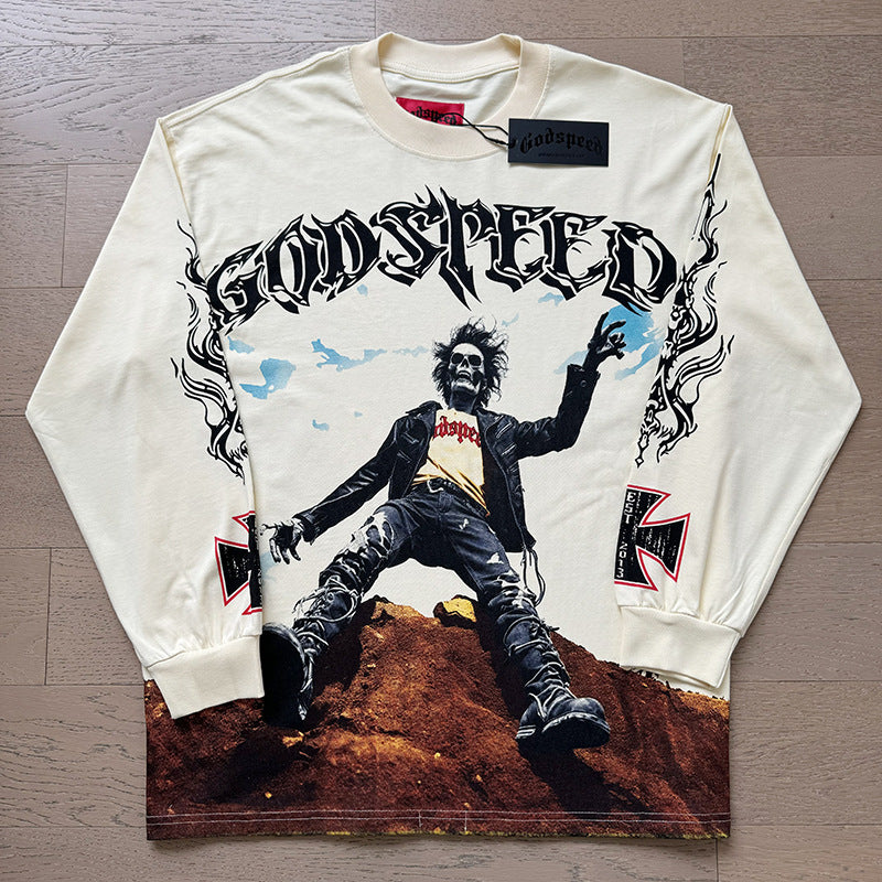 Spring New Rock Street Fashion Vintage Washed Distressed Graphic Print Oversized Tee