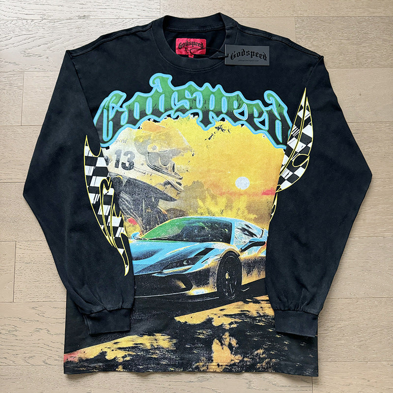 Spring New Rock Street Fashion Vintage Washed Distressed Graphic Print Oversized Tee