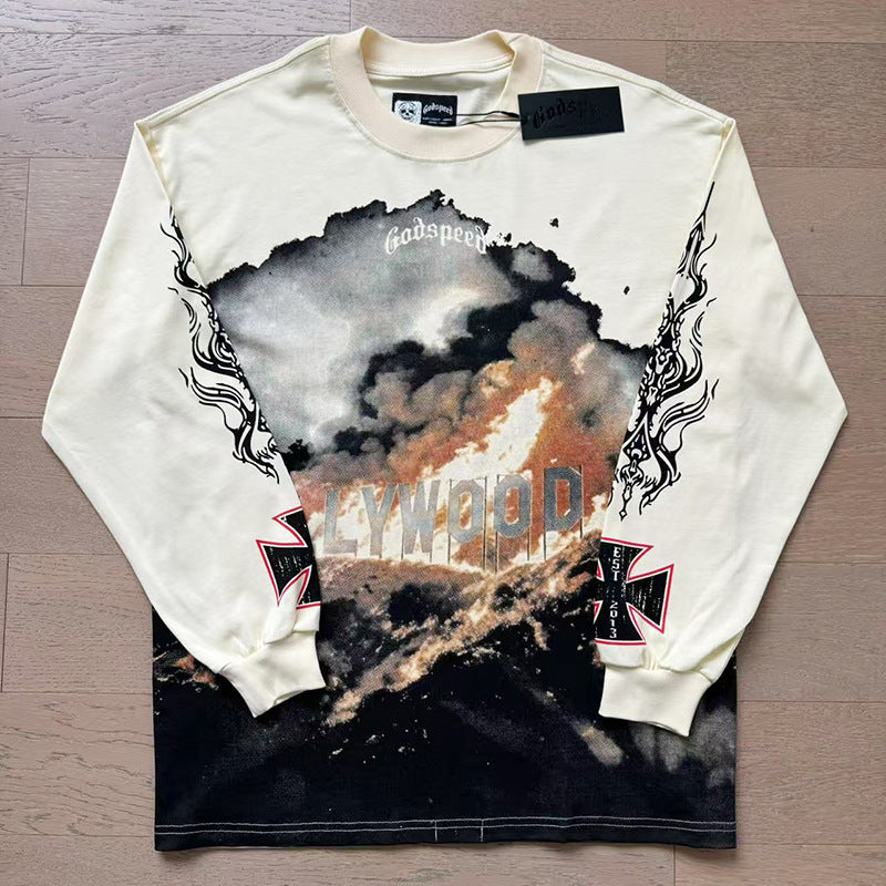 Spring New Rock Street Fashion Vintage Washed Distressed Graphic Print Oversized Tee