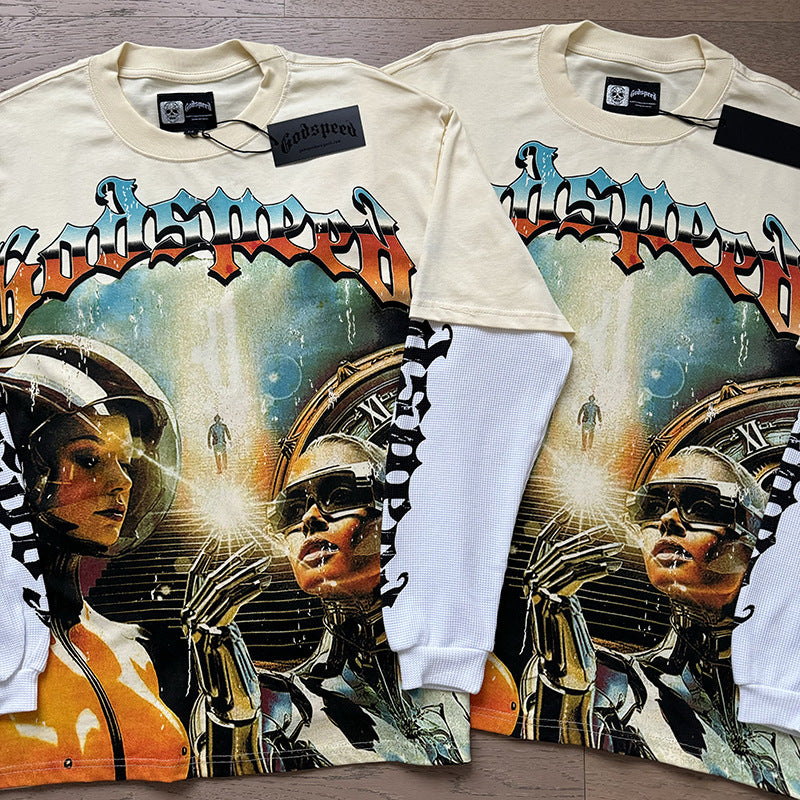 Spring New Rock Street Fashion Vintage Washed Distressed Graphic Print Oversized Tee