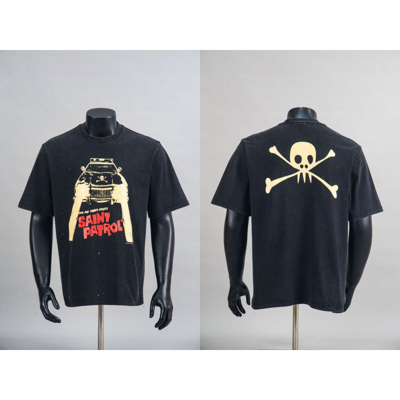 New European American Hip-Hop Trendy Brand Retro Washed Band Matching Vintage Washed Short Sleeve T-Shirt Streetwear Top