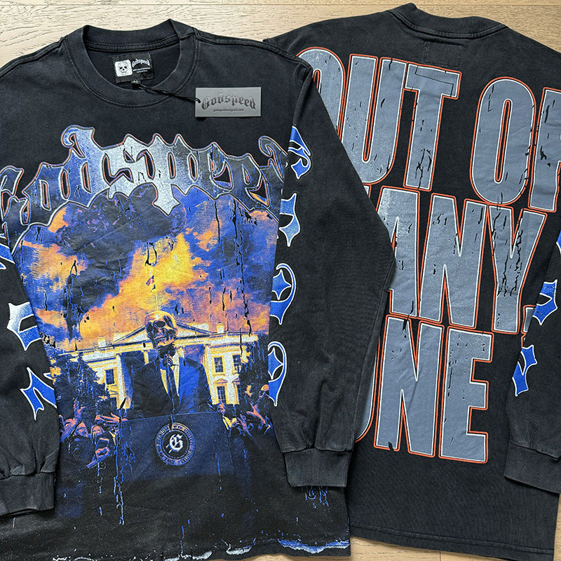 Spring New Rock Street Fashion Vintage Washed Distressed Graphic Print Oversized Tee
