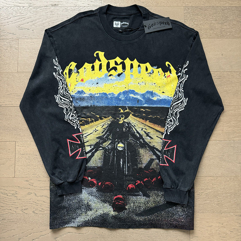 Spring New Rock Street Fashion Vintage Washed Distressed Graphic Print Oversized Tee