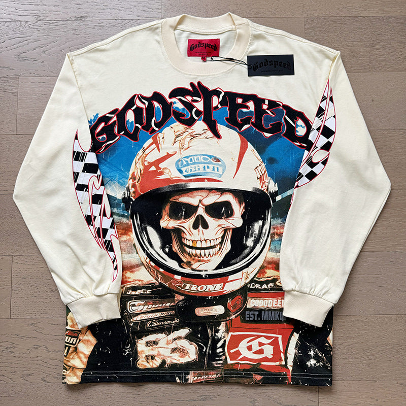 Spring New Rock Street Fashion Vintage Washed Distressed Graphic Print Oversized Tee