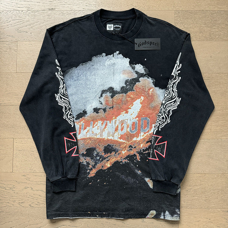Spring New Rock Street Fashion Vintage Washed Distressed Graphic Print Oversized Tee