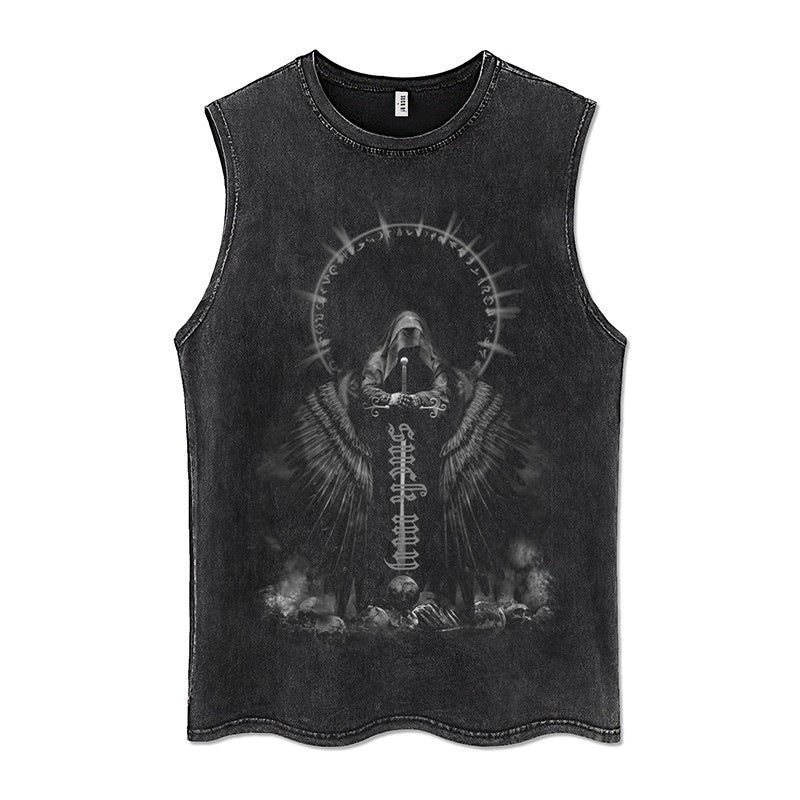 Euro-American Dark Hip Hop Vintage Wash Cotton Sleeveless Loose Sports Vest For Men