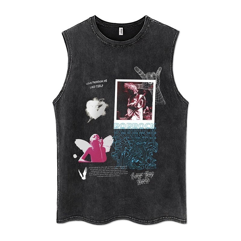 Euro-American Dark Hip Hop Vintage Wash Cotton Sleeveless Loose Sports Vest For Men