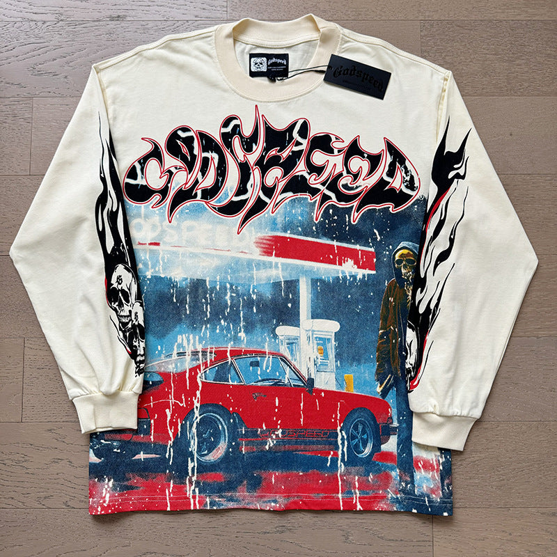 Spring New Rock Street Fashion Vintage Washed Distressed Graphic Print Oversized Tee
