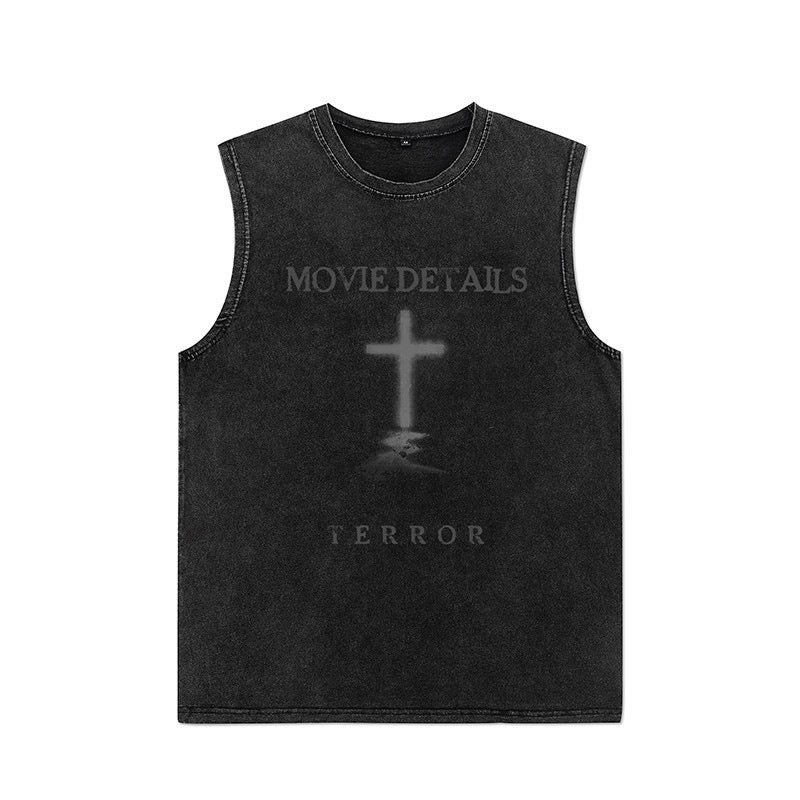 Euro-American Dark Hip Hop Vintage Wash Cotton Sleeveless Loose Sports Vest For Men