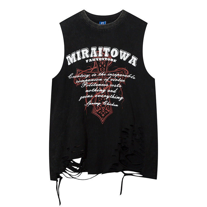 American Style Washed Old Knife Cut Hole Sleeveless T-shirt Men's and