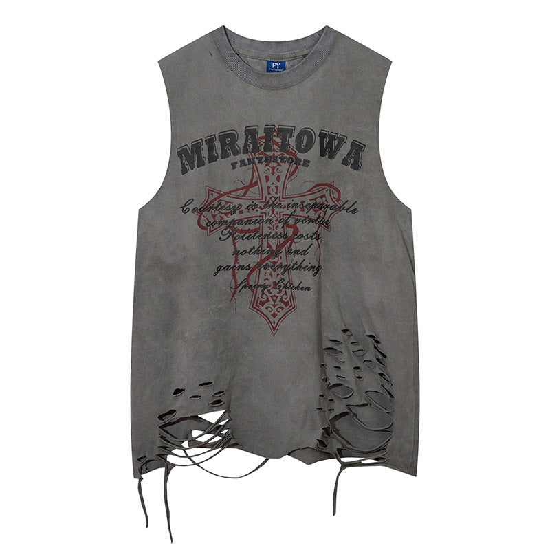 American Style Washed Old Knife Cut Hole Sleeveless T-shirt Men's and